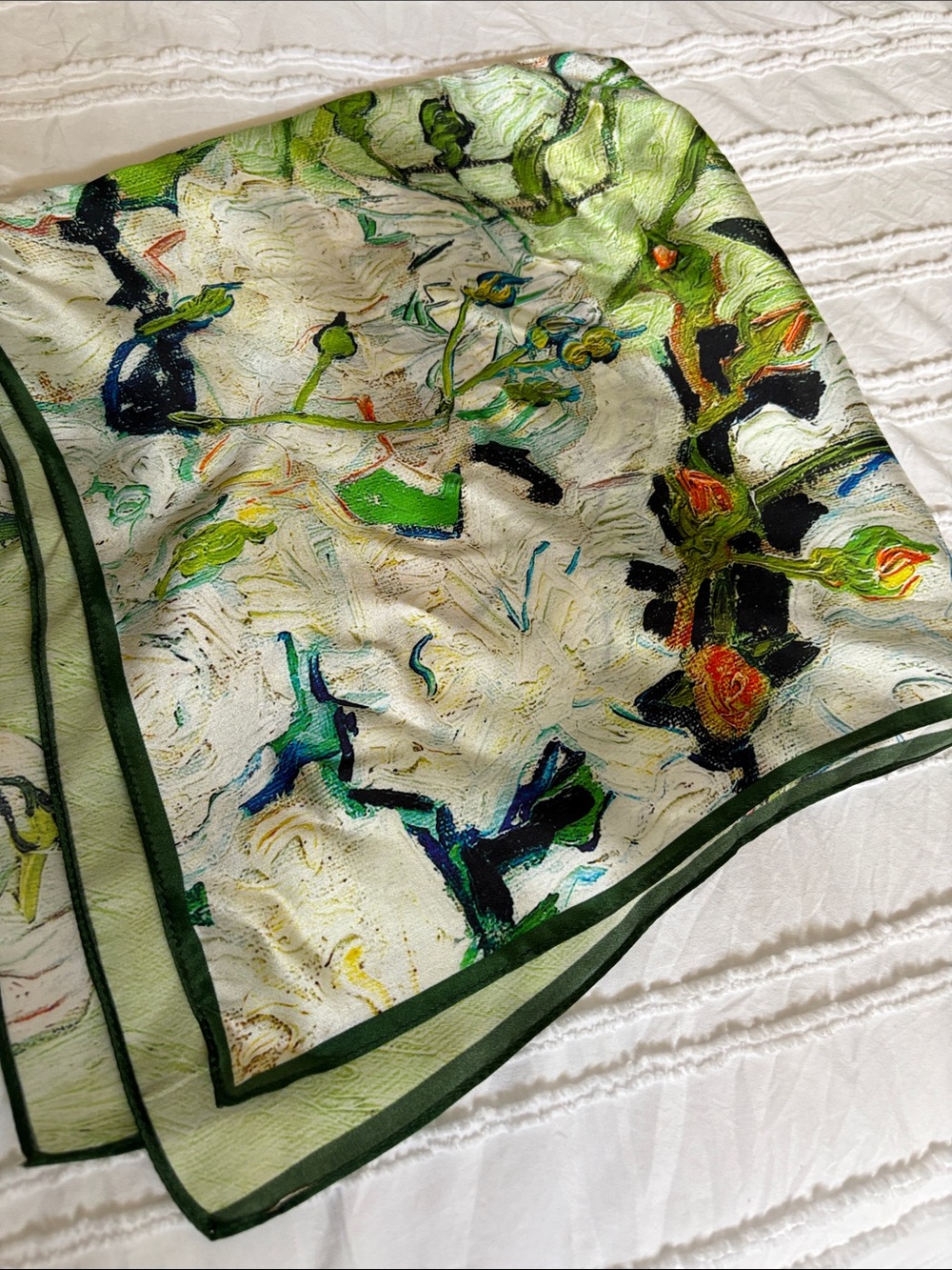 Green Floral “Roses” Van Gogh Art-Print Silk Neck Scarf 24” x 24”